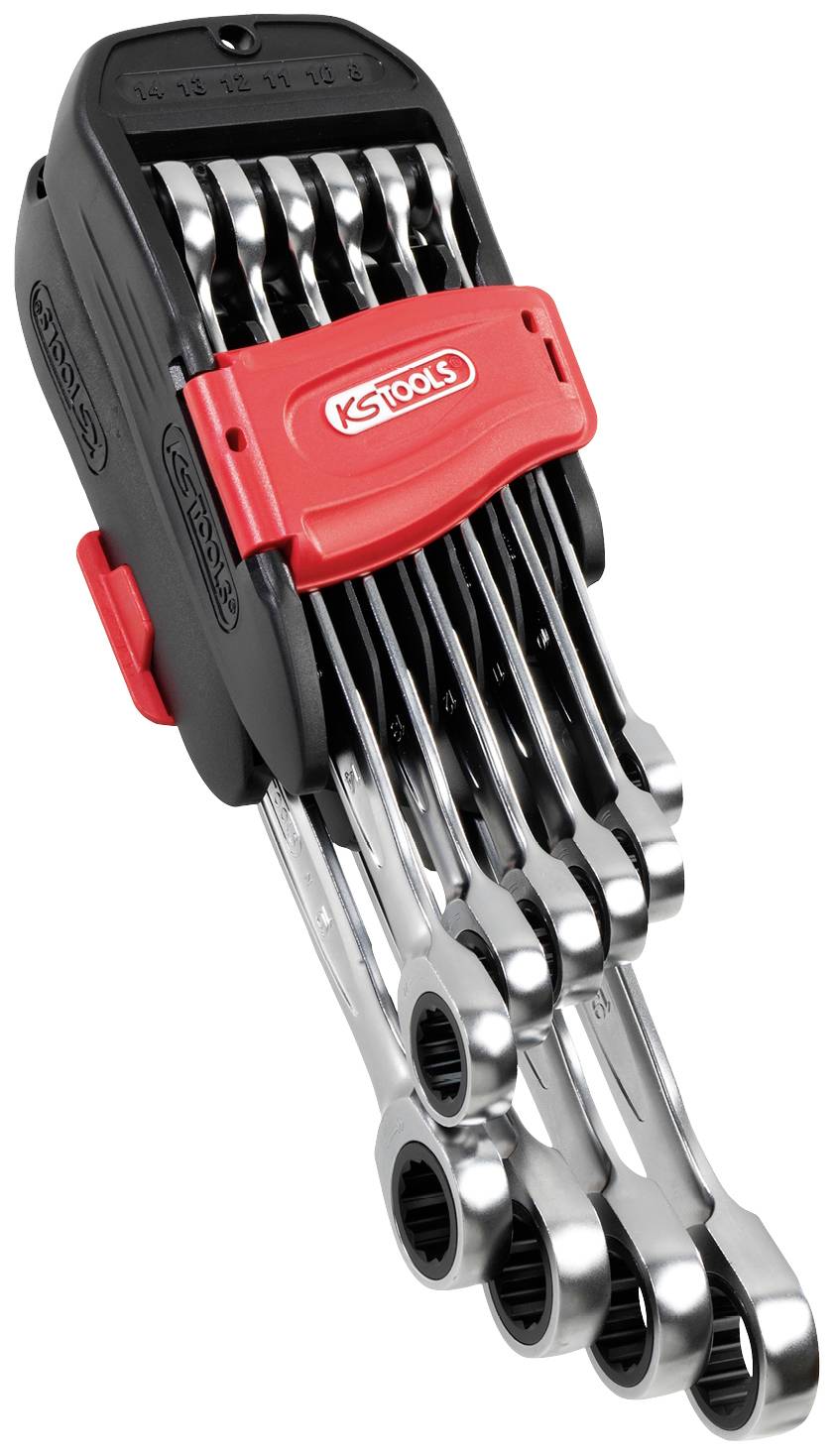 Six-piece ratchet spanner set in a black and red holder. Contains spanners in various sizes. Suitable for work on vehicles and machinery.