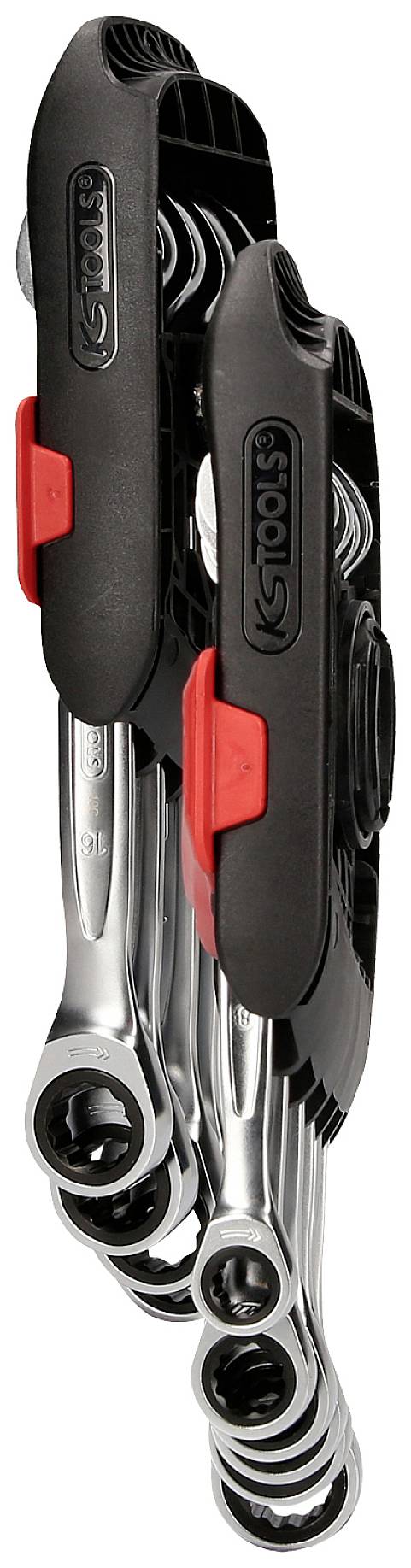 A set of folded ring spanners, black and red, from KS Tools, stacked upright.