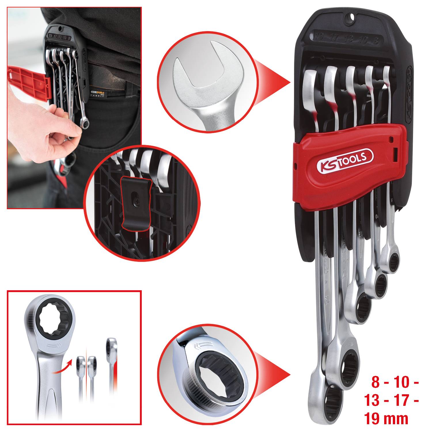 Set of Ratchet Ring Spanner in Holder, Sizes 8-19 mm. Detailed Views of Ratchet Functions and Ergonomic Handles.