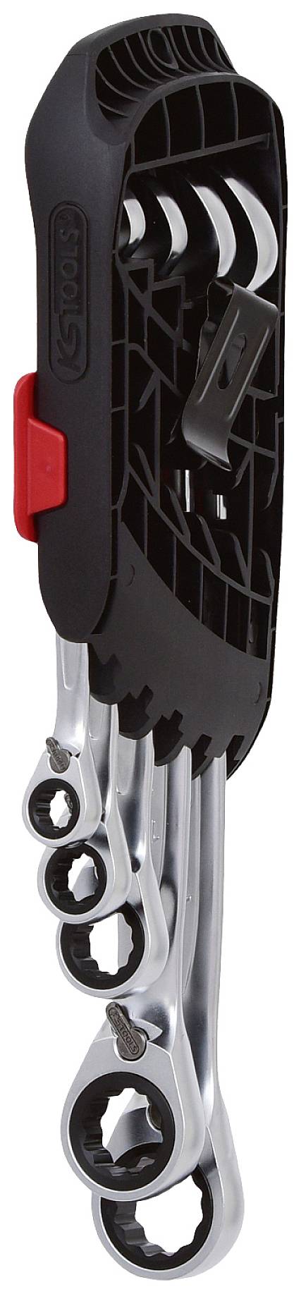 'Set of ring spanners in holder with red lock.'