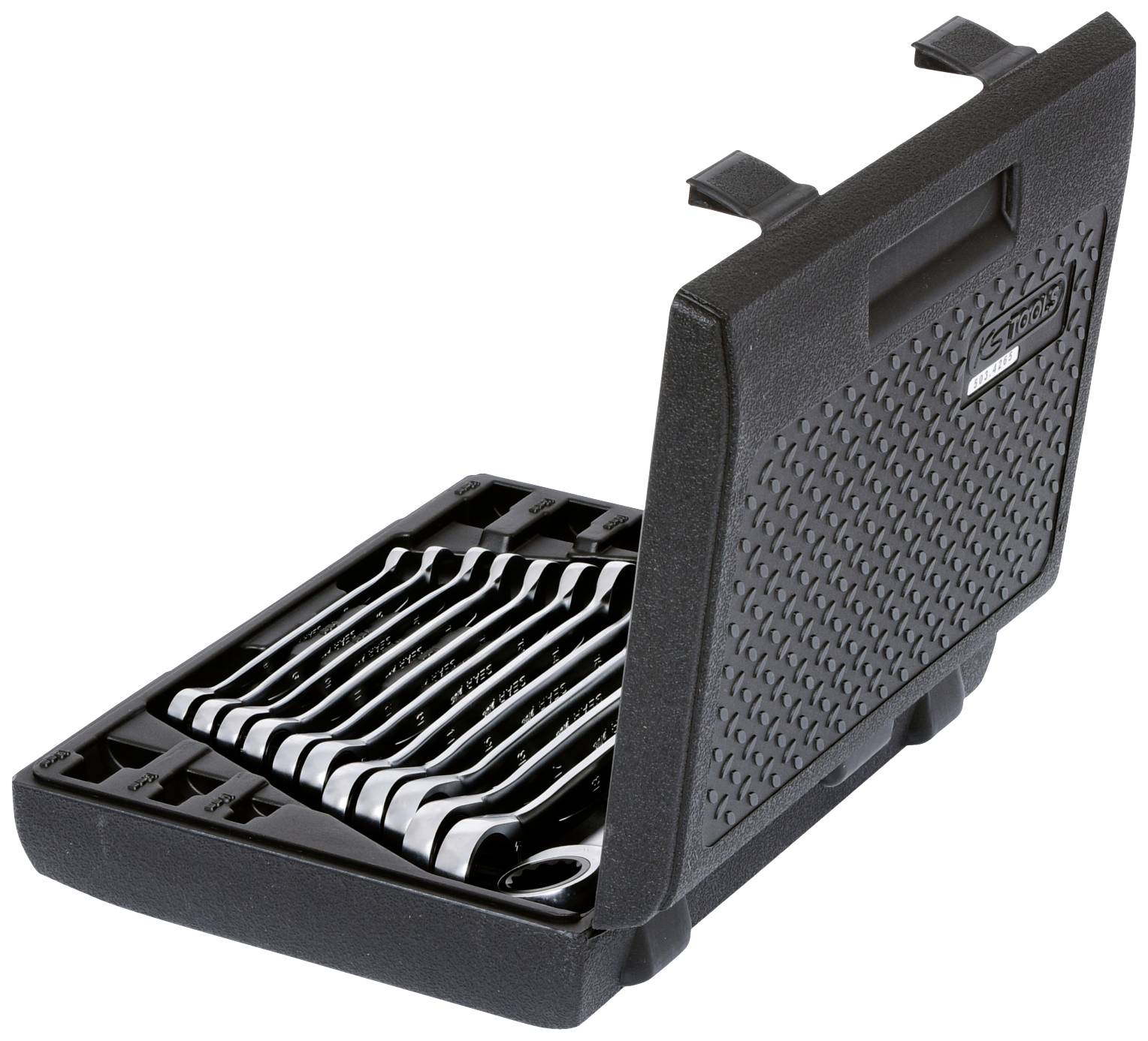 An open black tool case with nine different spanners neatly arranged side by side.