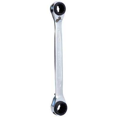 A silver ratchet spanner with two ends, each with a round, toothed head, suitable for tightening or loosening screws.