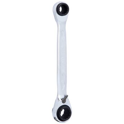 A silver, double-sided ratchet ring spanner with a black mechanism at each end for easy rotational movement.