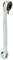 A silver-coloured ratchet ring spanner with two ends, one with a revolving ratchet mechanism, the other with a fixed ring. Suitable for screw-related work.