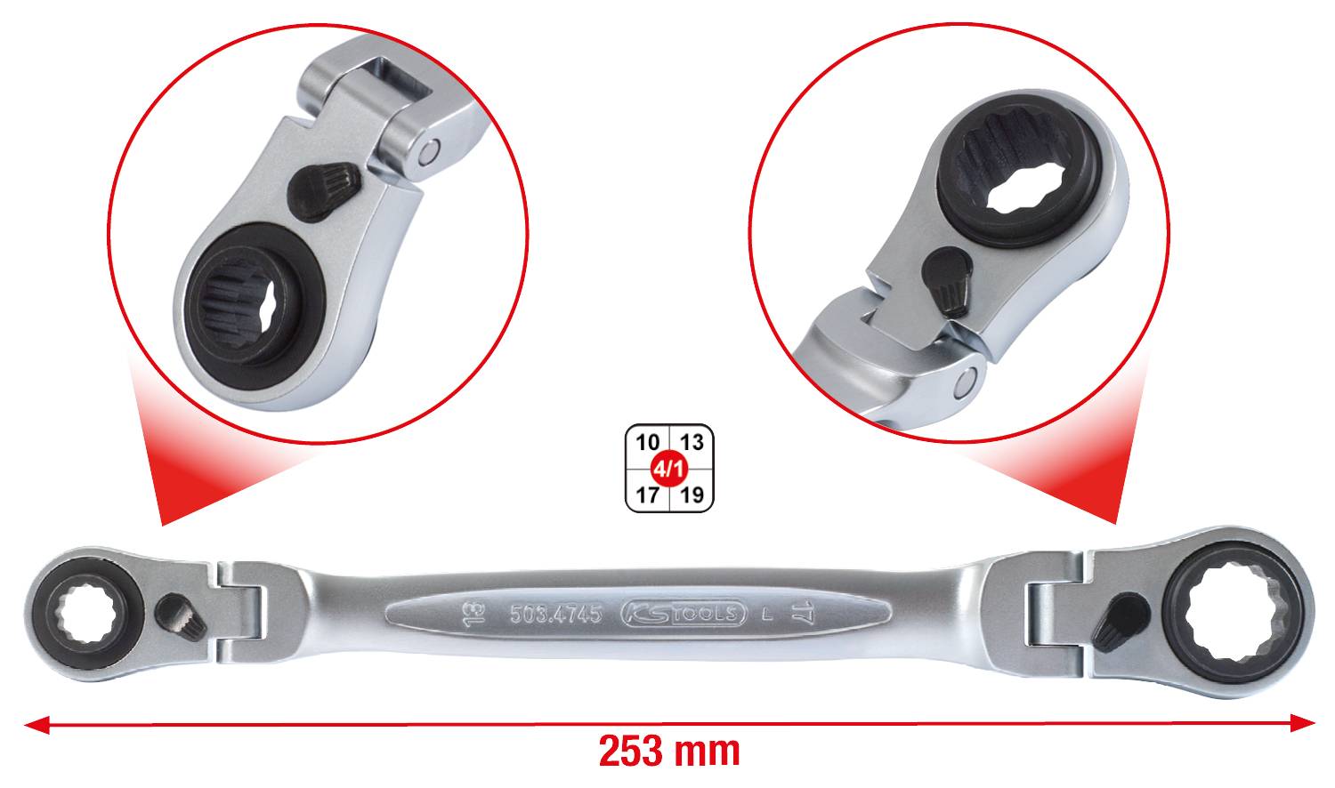 Ratchet spanner, 253 mm long. Zooms show close-up views of the rounded, adjustable ratchet heads.