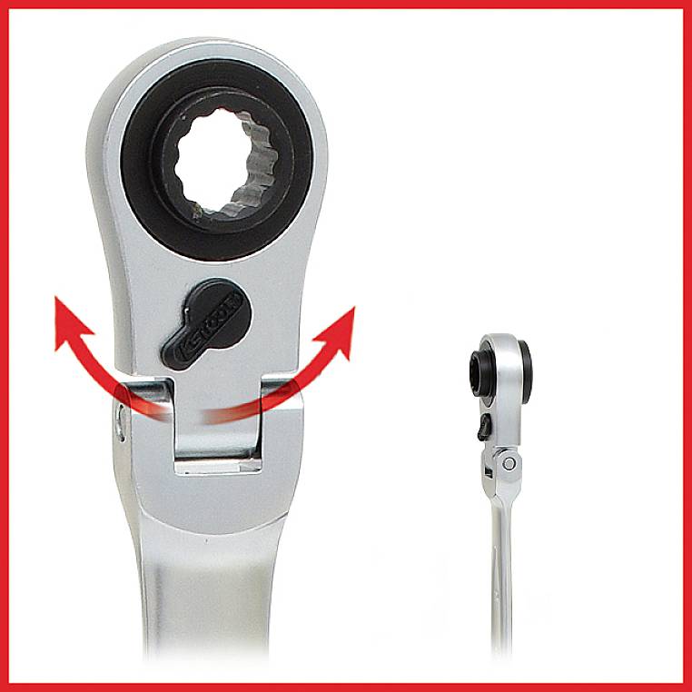 A silver ring spanner with a ratchet mechanism and black adjustment lever. Red arrows indicate the rotational movement.