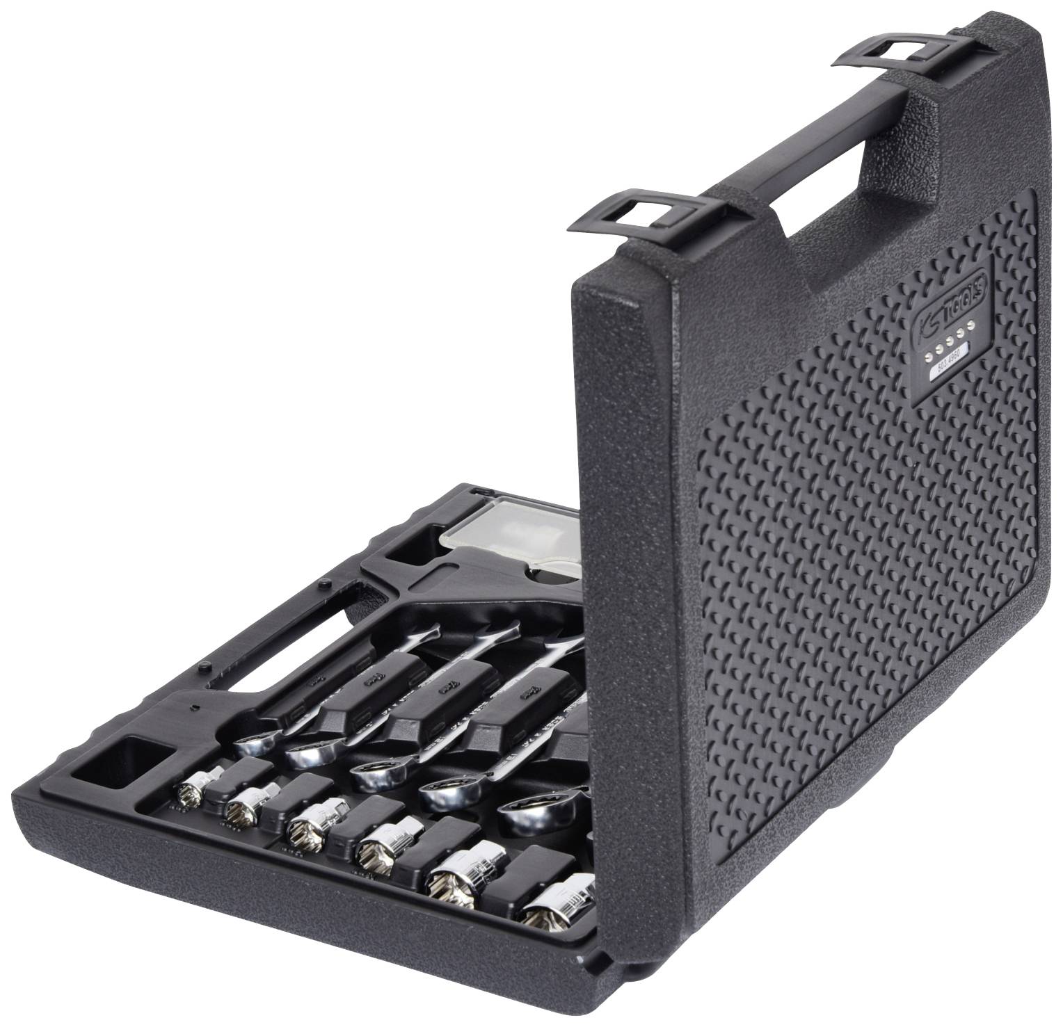An opened black tool case with various socket wrenches and bits, ready for use.