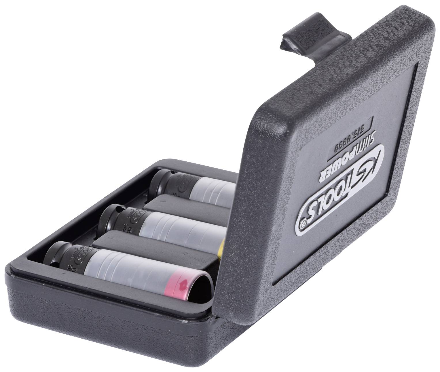 Three-piece socket nut set in an open black box, with the interior revealing three socket nuts in different colours.