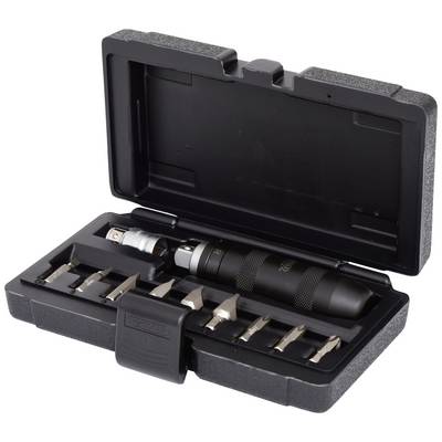A screwdriver set in an open, black plastic case. Includes various bits and a handle.