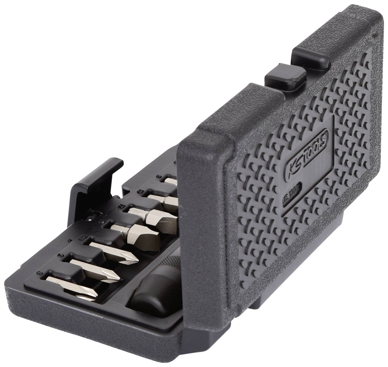 An open tool set with multiple screwdriver bits in a black plastic box.