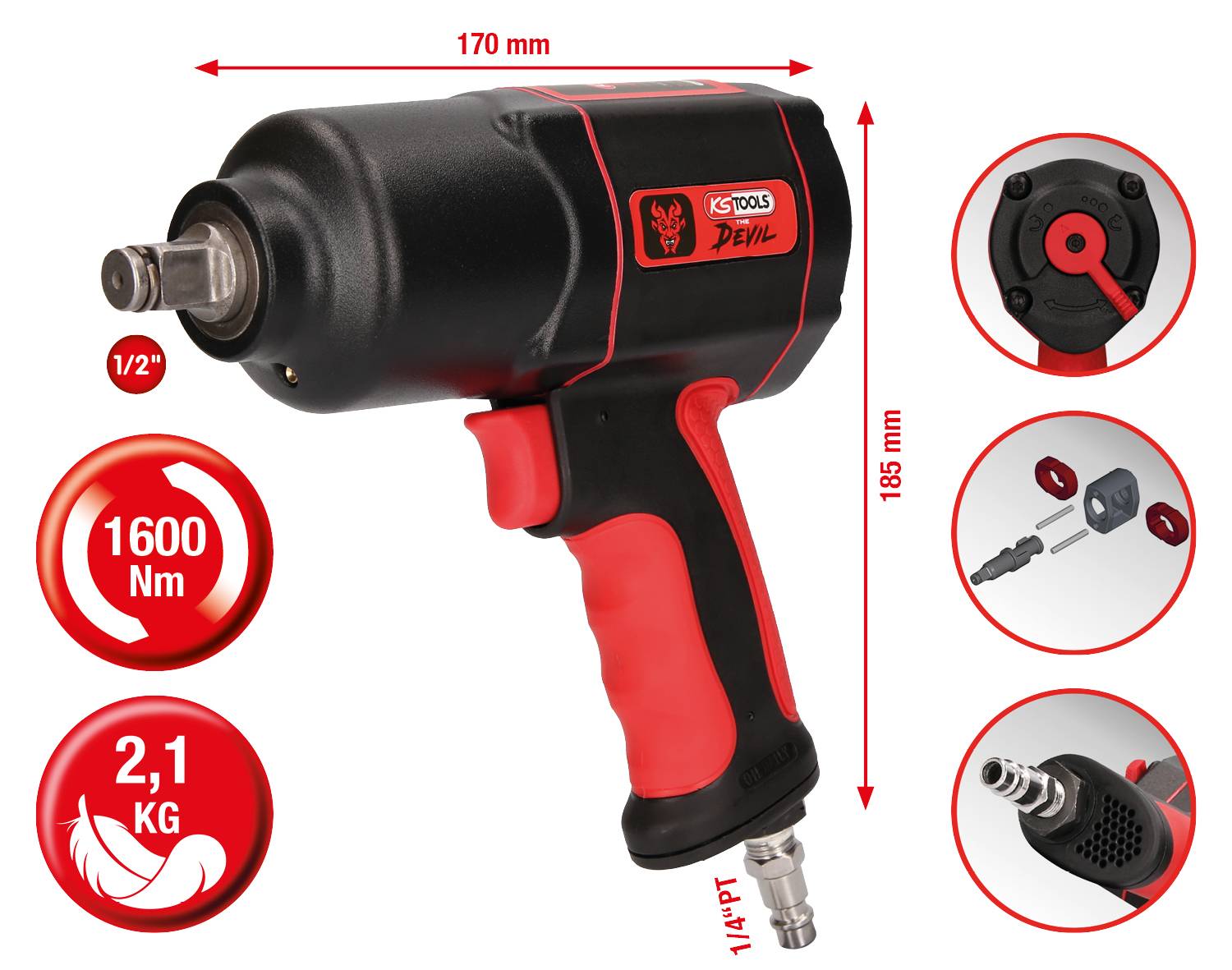 A 1/2-inch impact wrench with 1600 Nm of torque and 2.1 kg weight, measuring 170 mm in length and 185 mm in height.