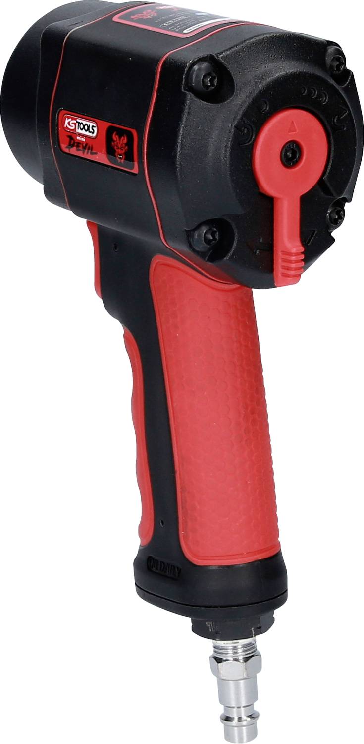 Pneumatic impact wrench with black and red design, ergonomic handle and air hose connection. Suitable for automotive work.