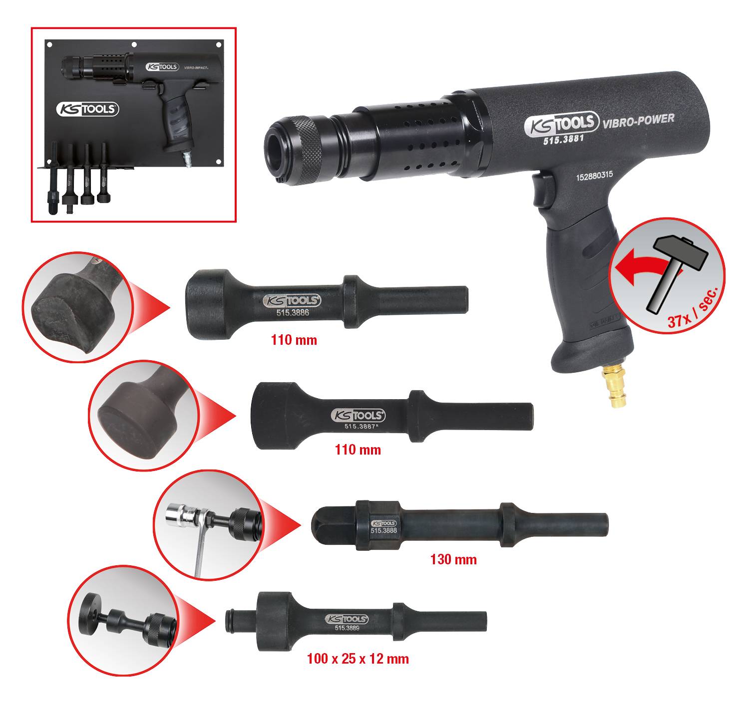 'Pneumatic chisel set with vibrating hammer. Includes various chisel attachments: 110 mm, 110 mm, 130 mm, and 100 x 25 x 12 mm.'