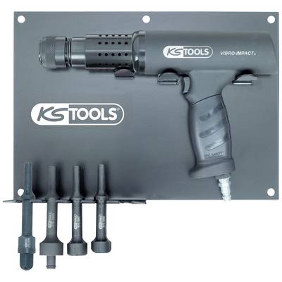 Pneumatic impact wrench by KS Tools mounted on a holder, including various attachments for different screw sizes.