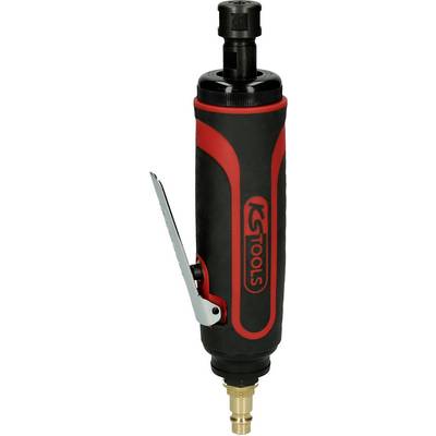 'Pneumatic die grinder with red and black casing, silver lever, and rotatable head, positioned vertically.'