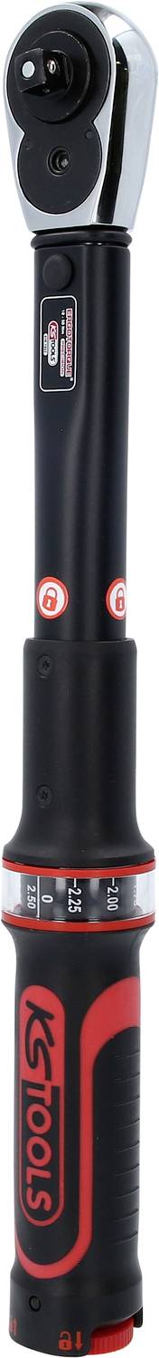 Electronic torque wrench in black and red with digital display, used for precise control of tightening torques.