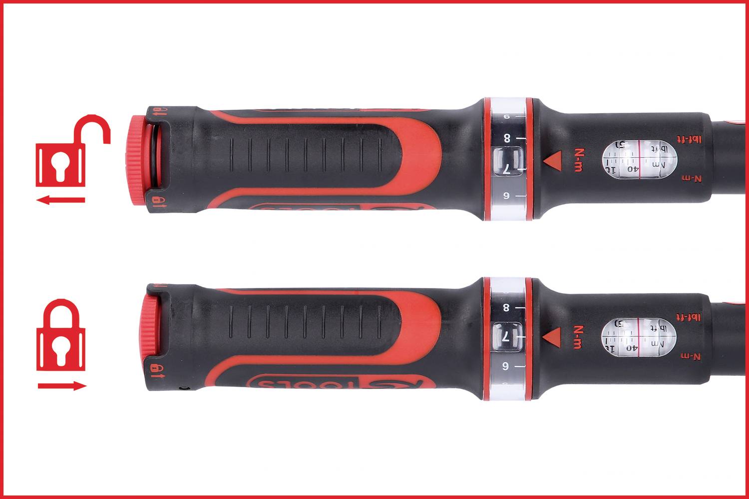 Two torque wrenches in black and red with scales for Nm. Symbols indicate how to adjust the handle to change the torque.