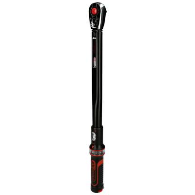 Torque wrench with digital display and red button on black handle, suitable for precise adjustments.