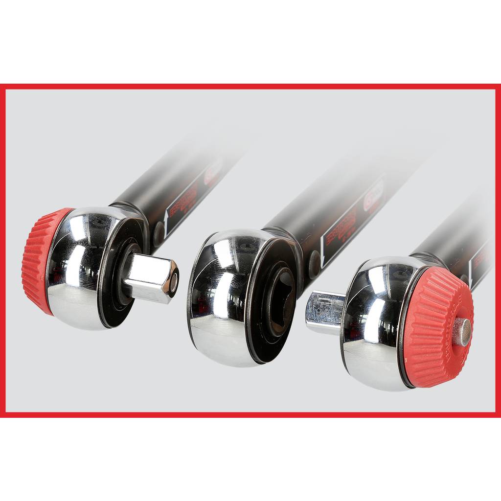 Three socket wrench extensions with red handles and chrome-plated heads, arranged on a grey background.