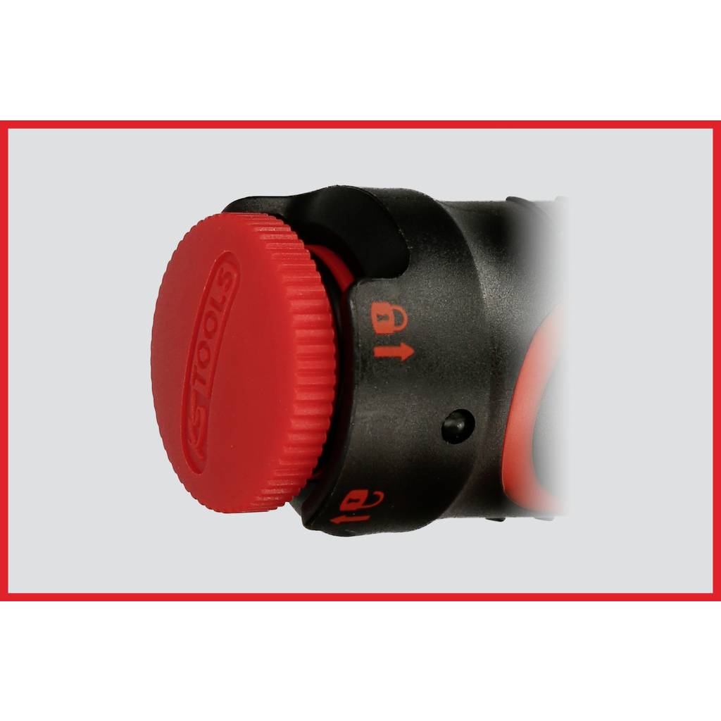 A red rotary wheel on a black tool handle with directional arrows.