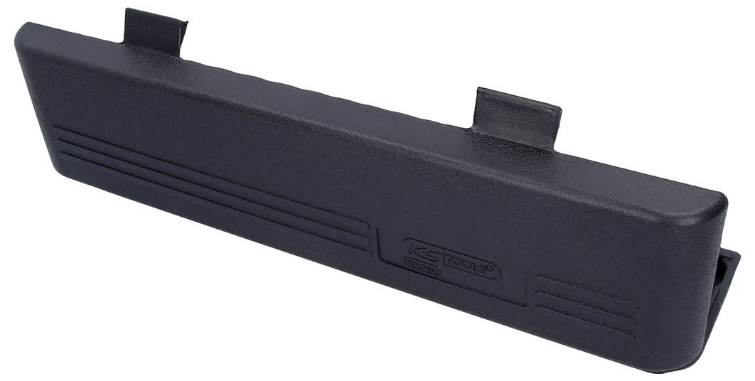 A black plastic protective cover with two mounting tabs. A possible intended use could be protection of tools or surfaces.