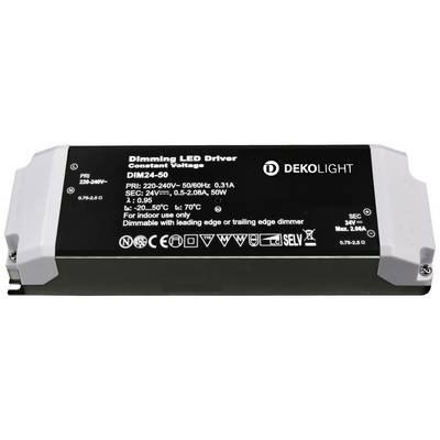 'DEKOLIGHT Dimming LED Driver', constant voltage, Model DIM24-50. Primary voltage 220-240V. Secondary 24V, 50W. Indoor use only.