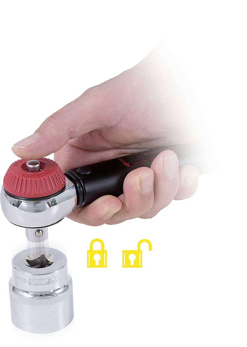 A hand is holding a torque wrench tool with a red cap and is positioning it on a metal opening. Beside it are yellow lock symbols.