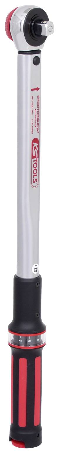 A torque wrench with an ergonomic handle, silver shaft and red markings, suitable for precise tightening of screws.