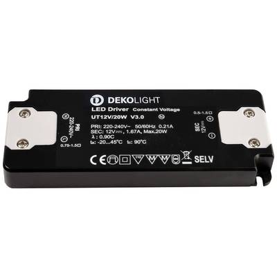 Black LED driver by DEKOLIGHT with technical specifications, including input and output voltage, as well as power ratings.