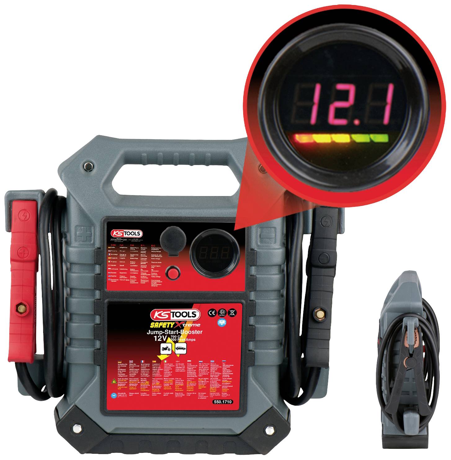 A portable jump starter from KS Tools with a digital display '12.1'. Shows the battery charge status. Suitable for 12V batteries.