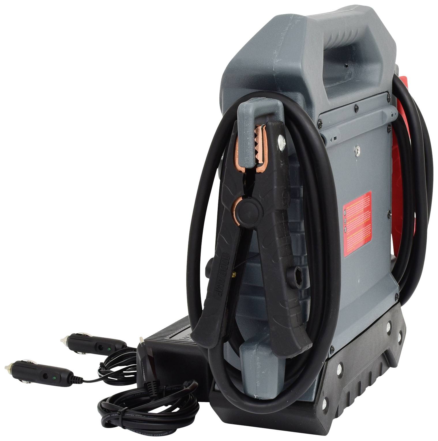 Portable power bank power source with crocodile clips and cables, suitable for car jump-starting and mobile power supply.