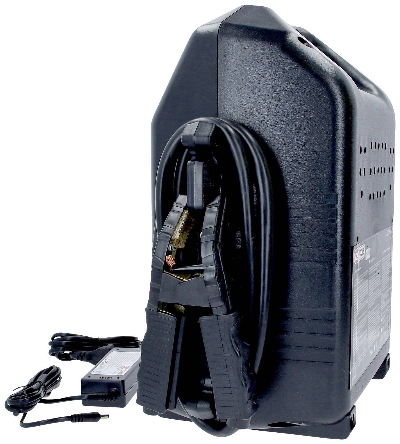 A black, portable battery charger with two cables and clamps for jump-starting and a built-in fan, shown from the side.