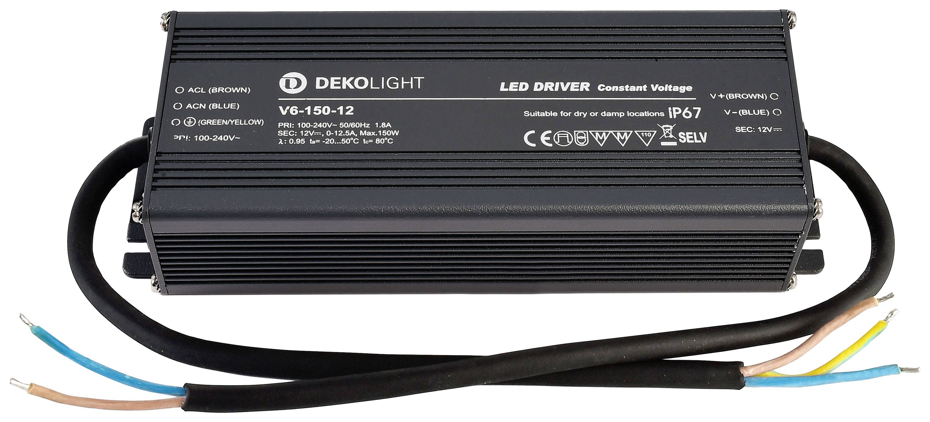 LED driver by Dekolight, Model V6-150-12, for constant voltage, IP67, suitable for 12V devices. Connections: brown, blue, yellow/green.
