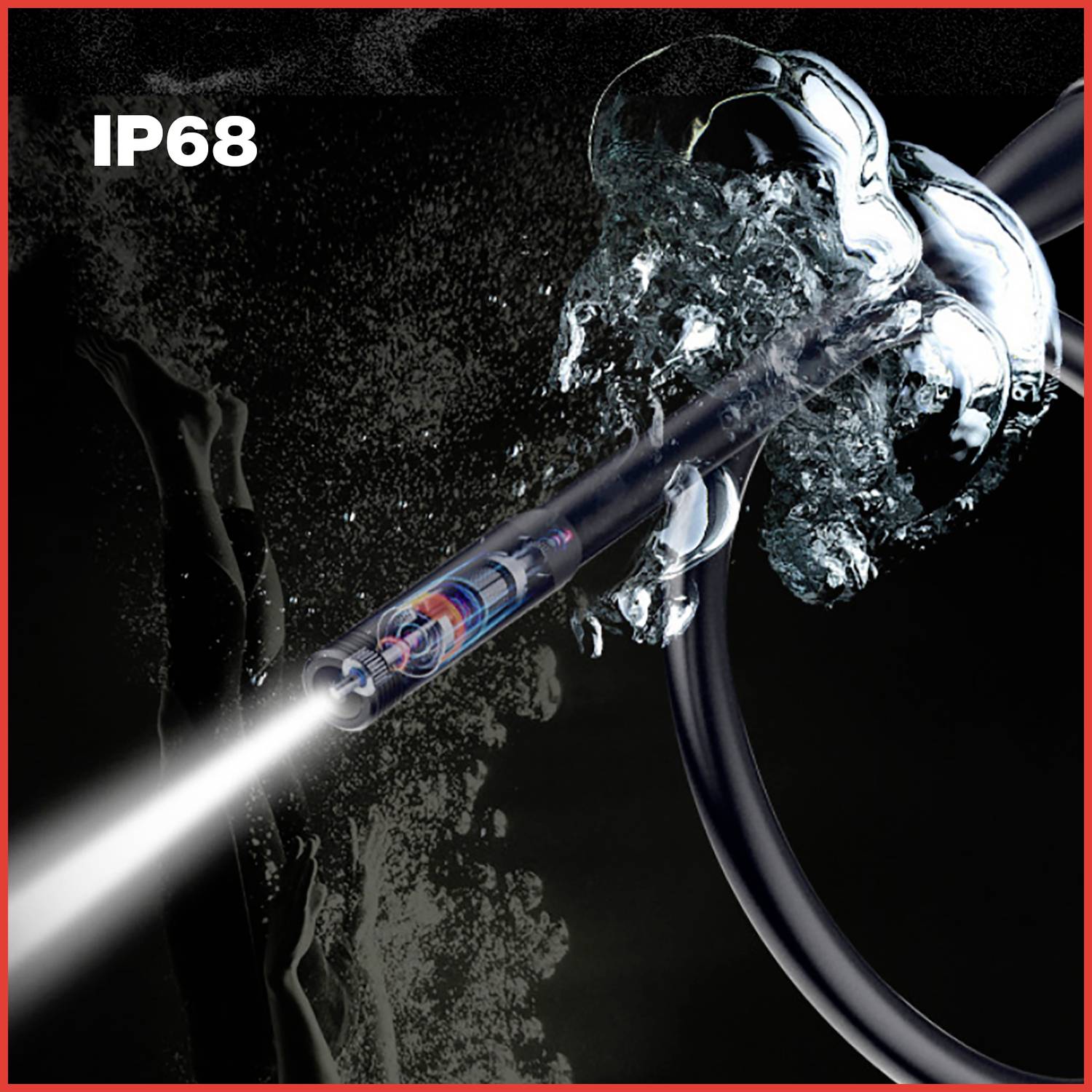 'IP68' indicates a waterproof cable that is surrounded by a powerful water jet. Suitable for wet and challenging environments.
