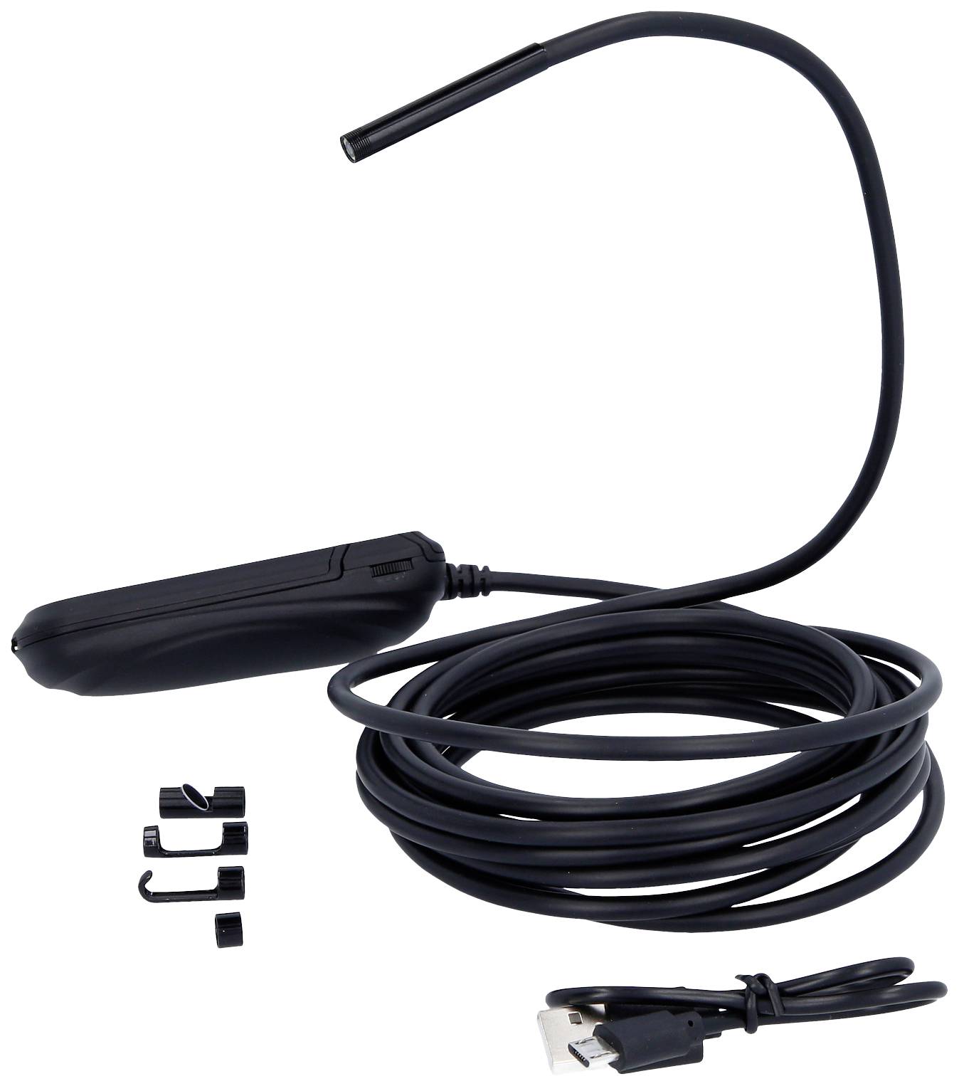 A black endoscope with a long cable and USB connection. Three different mounts are shown beside the endoscope.