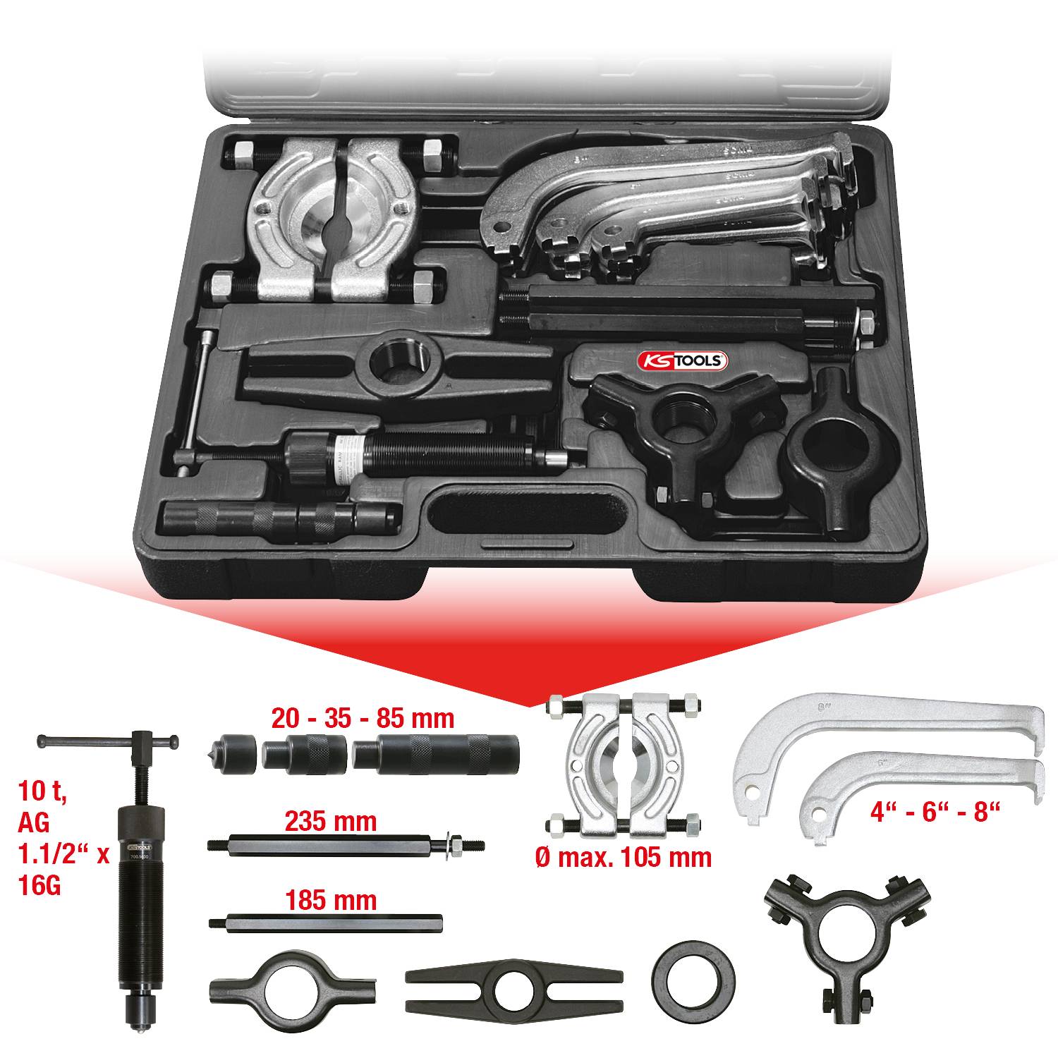A tool set for puller devices, including arms, hooks and adapters, for removing bearings and gears from 20-105 mm.