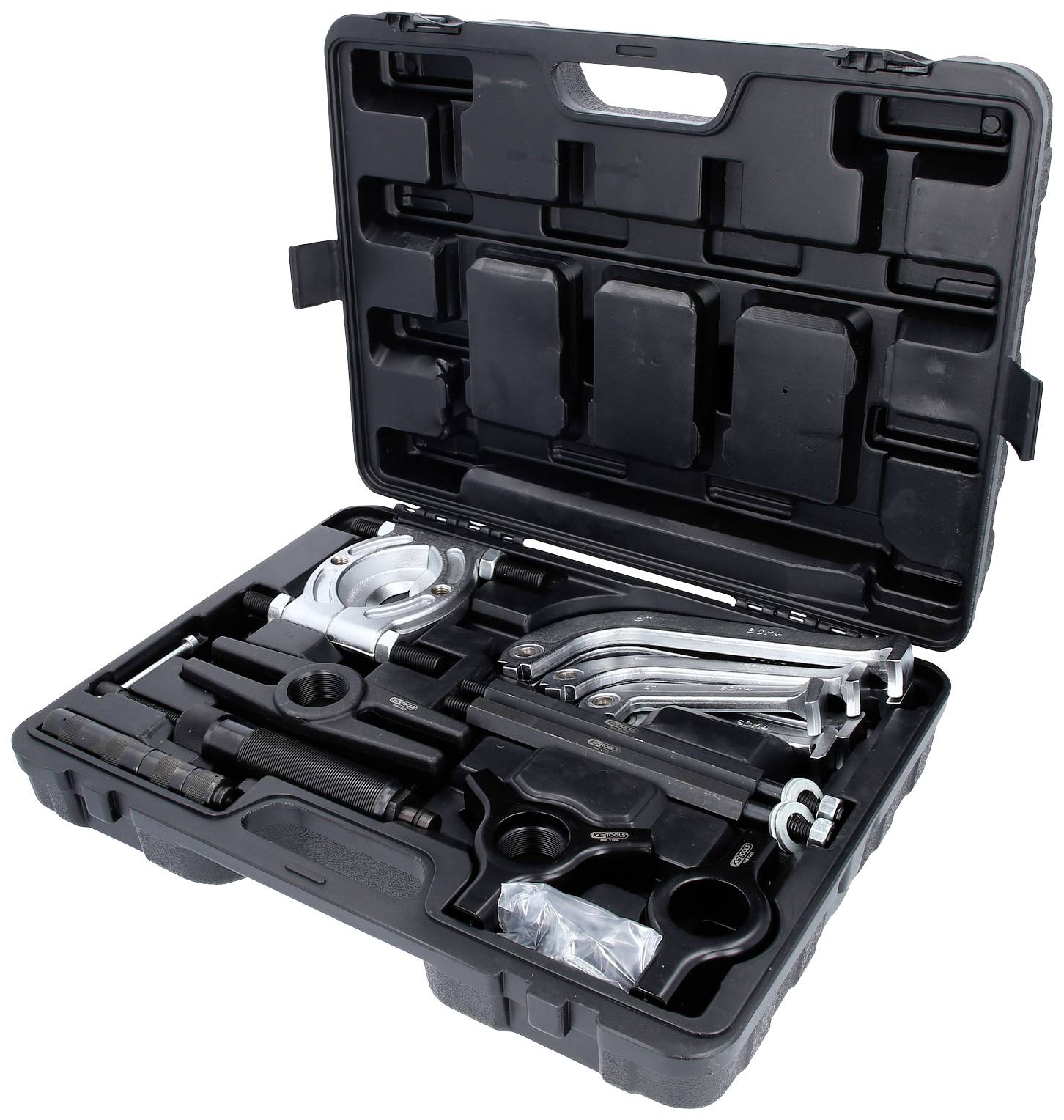 A black toolbox with various car repair tools, including pullers and adapters, neatly arranged.