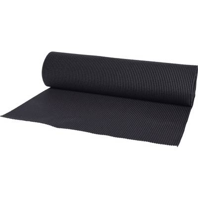 A rolled-up, black yoga or exercise mat lies partially unrolled on a surface.