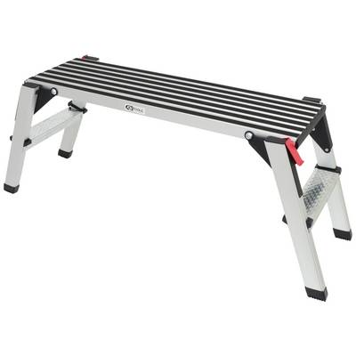 Foldable metal step with black non-slip strips and side supports for increased stability.