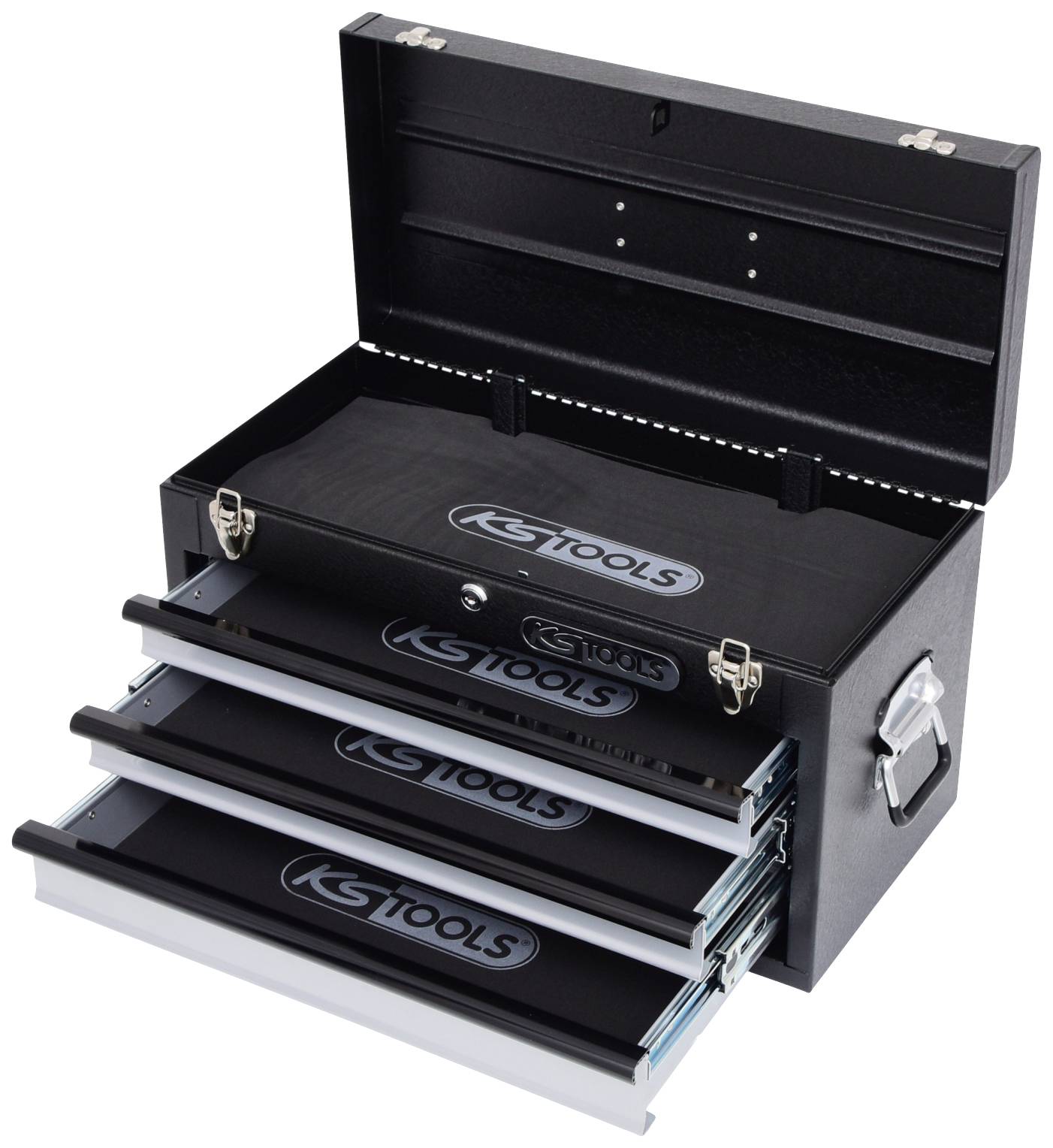 An open black toolbox with three pull-out drawers, filled with various tools.