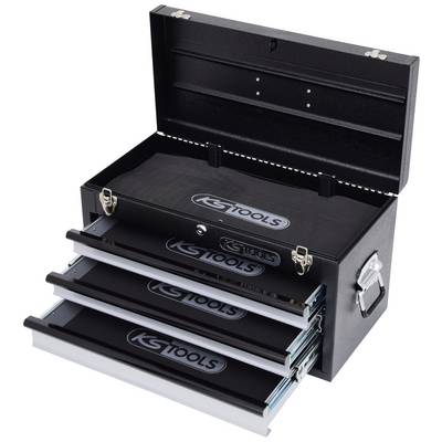 An open black toolbox with three pull-out drawers, filled with various tools.