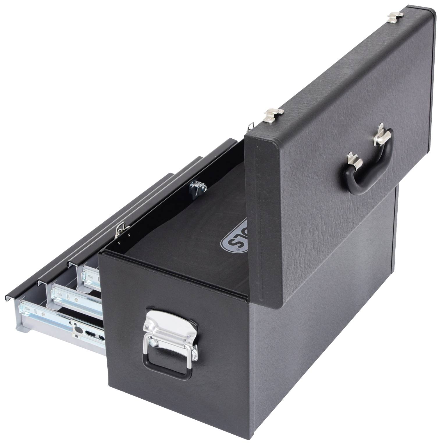 Black metal tool case with side-pull drawers.