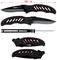 Folding black pocket knife with red accents, measuring 193 mm in length, shown from various angles.