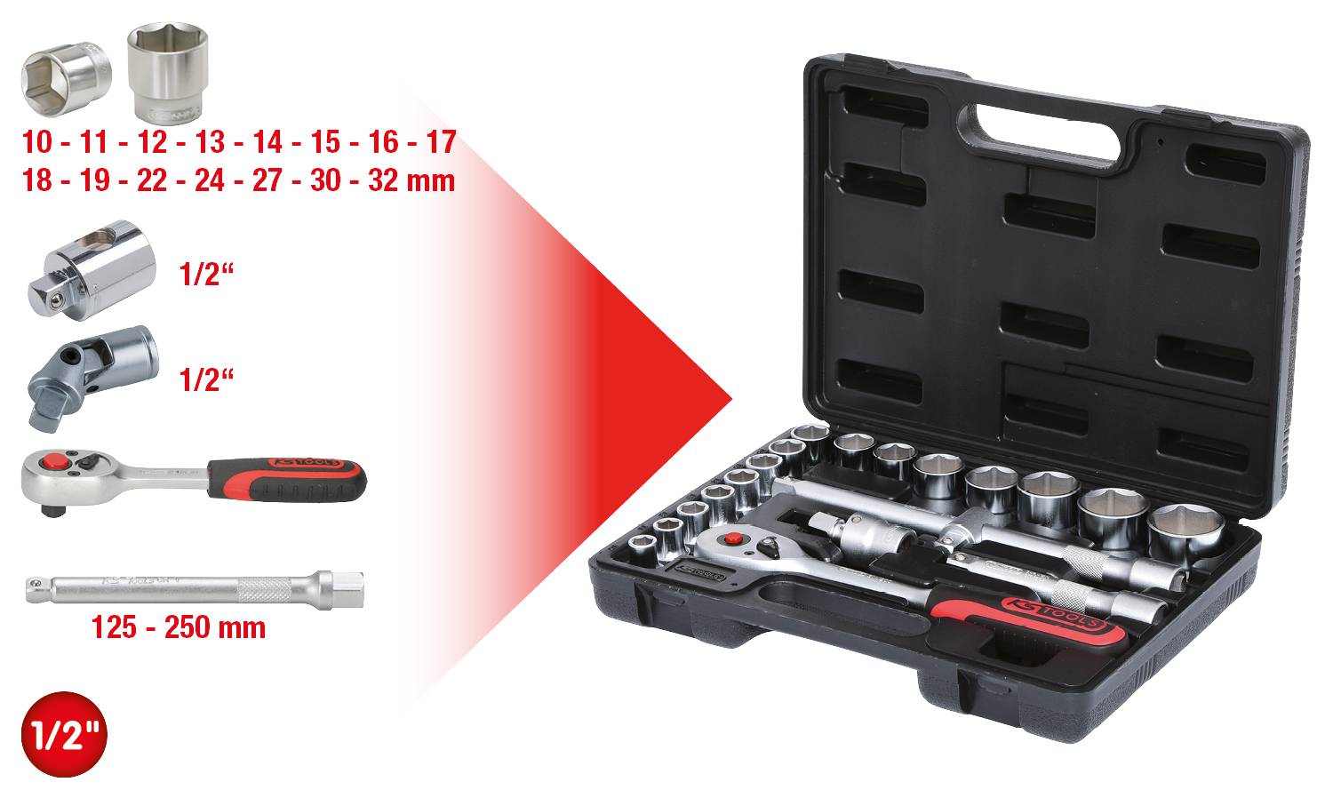 Socket wrench set with ½-inch ratchet in black case, various sizes from 10 to 32 mm, extension bars included.