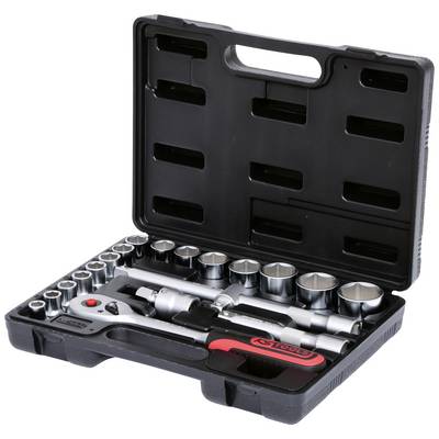 An opened tool set with a ratchet and socket spanners of various sizes in a black plastic case.
