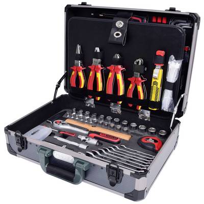 An open toolbox with various tools such as pliers, screwdrivers, spanners, and socket wrenches.