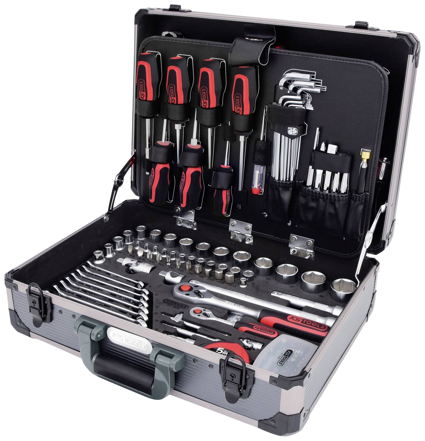 An open toolbox displays neatly arranged screwdrivers, Allen keys, spanners, and socket wrenches in various sizes.