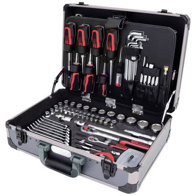 An open toolbox displays neatly arranged screwdrivers, Allen keys, spanners, and socket wrenches in various sizes.