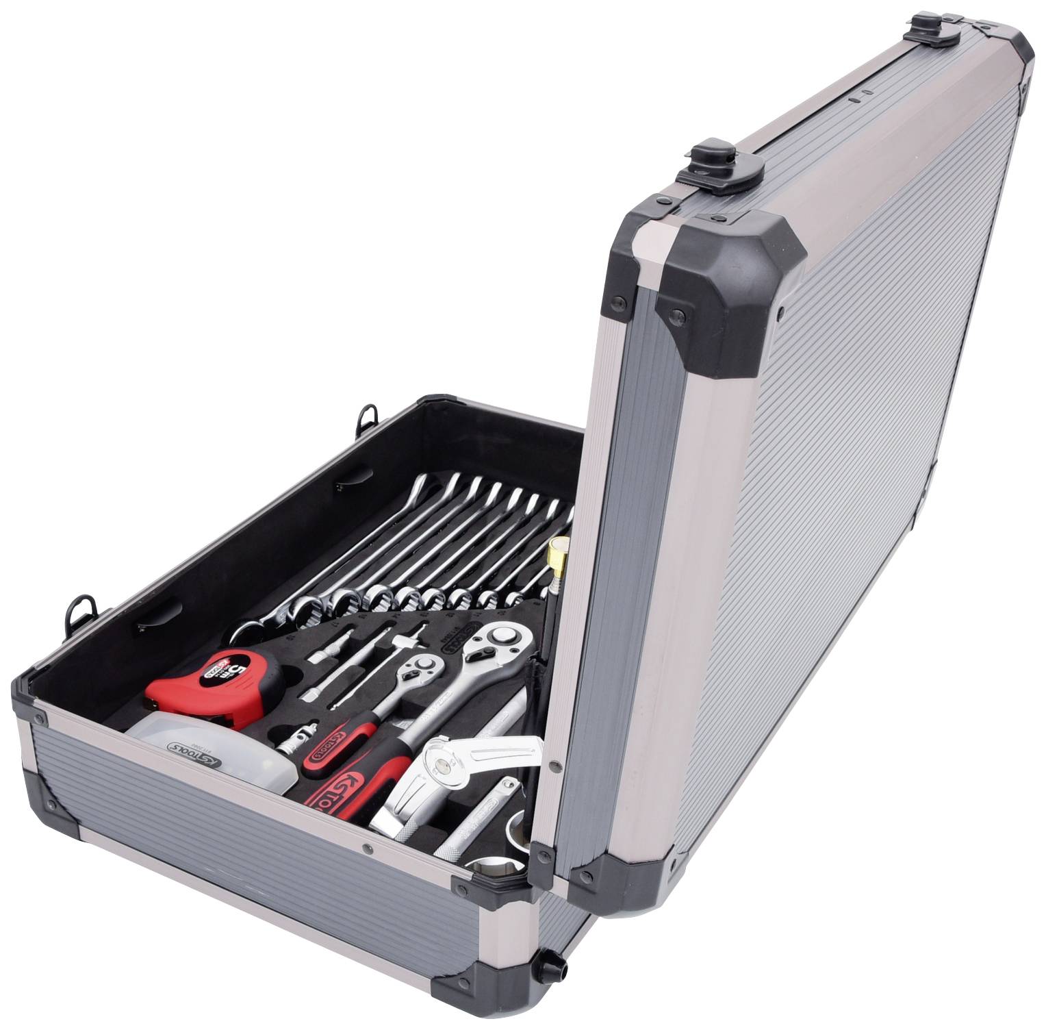 An open toolbox with various spanners, ratchets, and screwdrivers, neatly arranged in compartments.