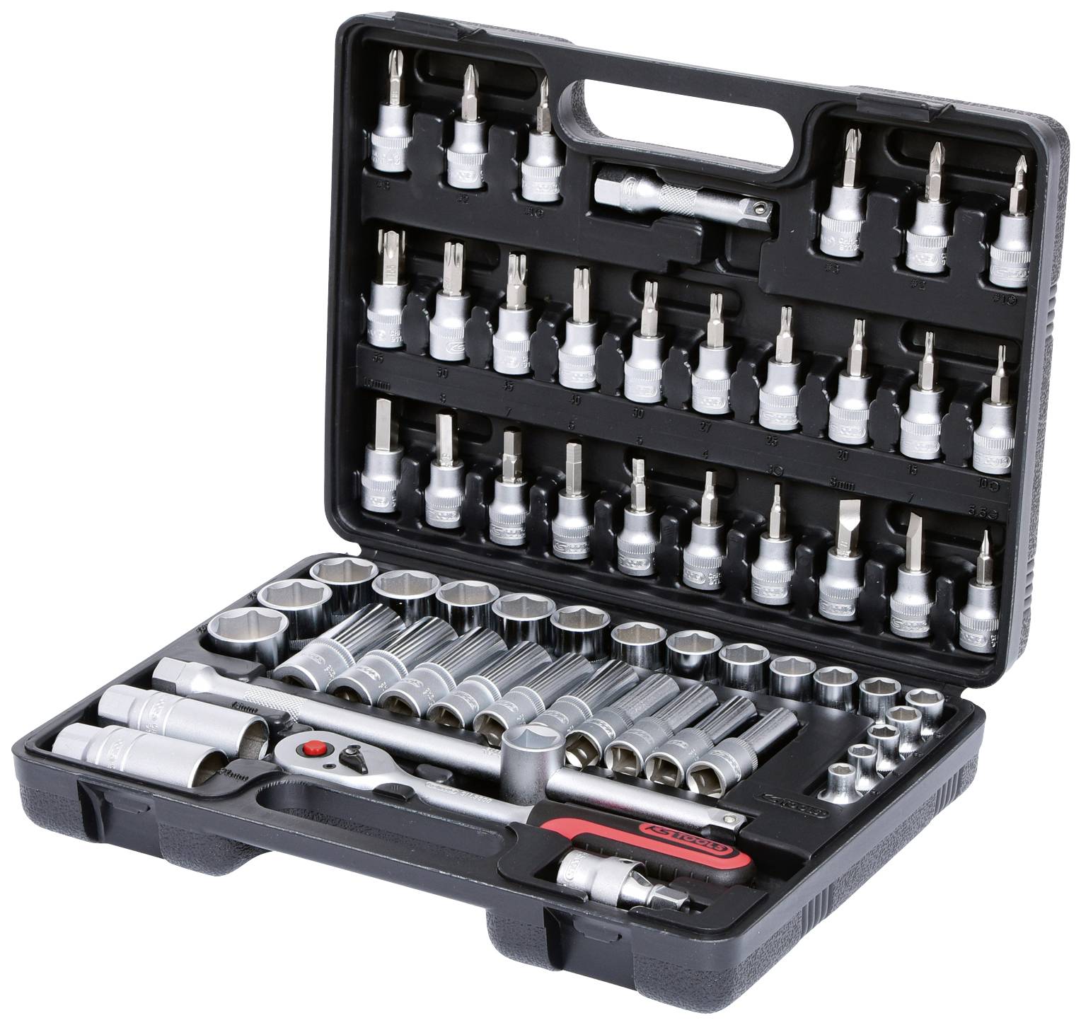 A black tool case with various socket keys, ratchets and extension bars, neatly arranged in compartments.